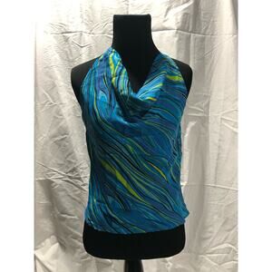Sandra turquoise 100% silk sleeveless blouse cowl neck women's size 4P